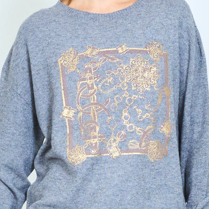 Ornate baroque frame print knit sweater wholesale