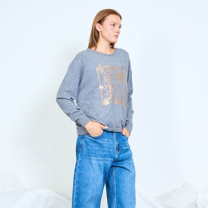 Ornate baroque frame print knit sweater wholesale