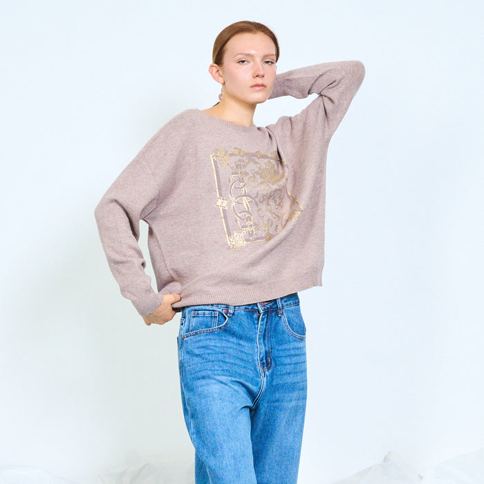 Ornate baroque frame print knit sweater wholesale
