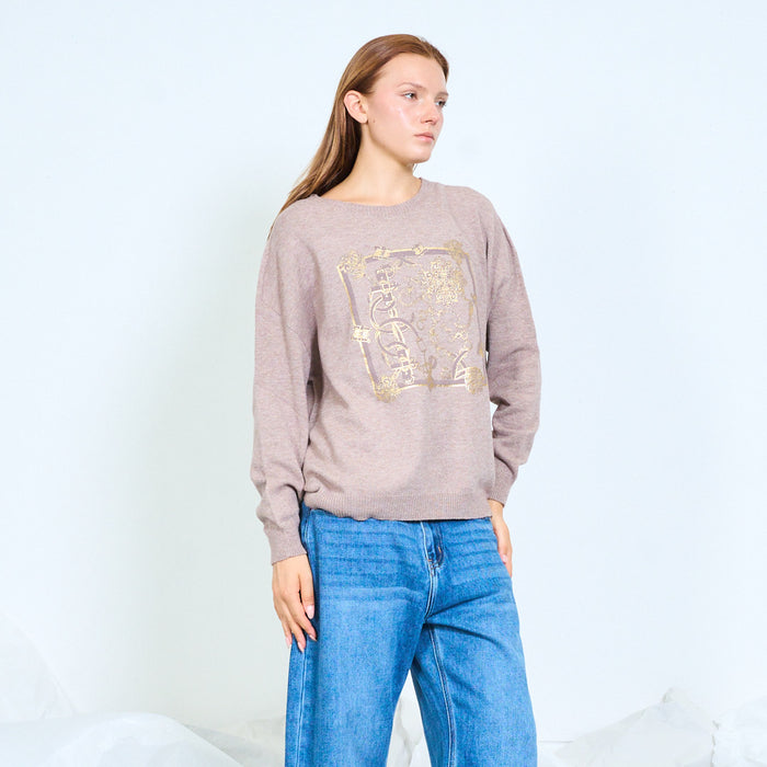 Ornate baroque frame print knit sweater wholesale