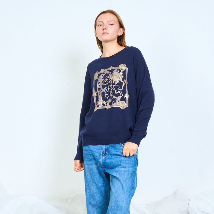 Ornate baroque frame print knit sweater wholesale