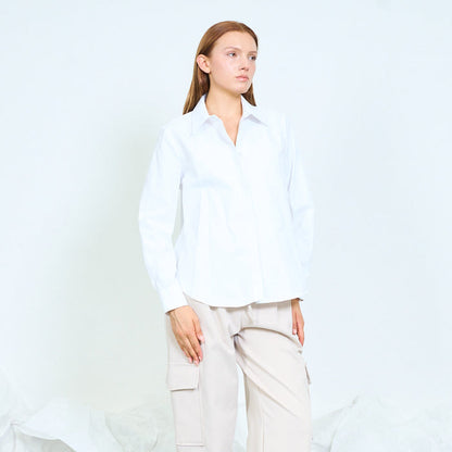 Oversized pointed-collar shirt with concealed buttons wholesale