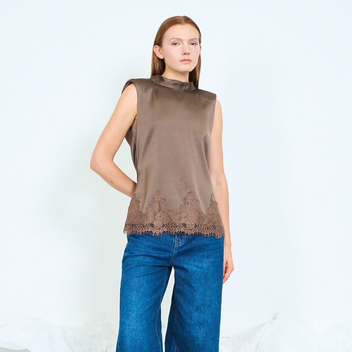 Padded shoulder satin top with lace hem wholesale