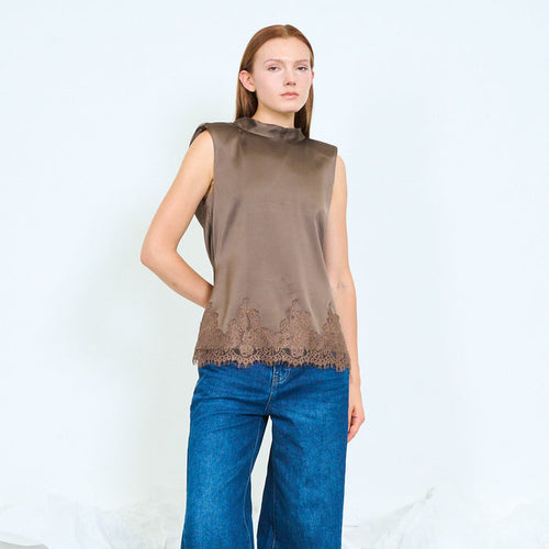 Padded shoulder satin top with lace hem wholesale
