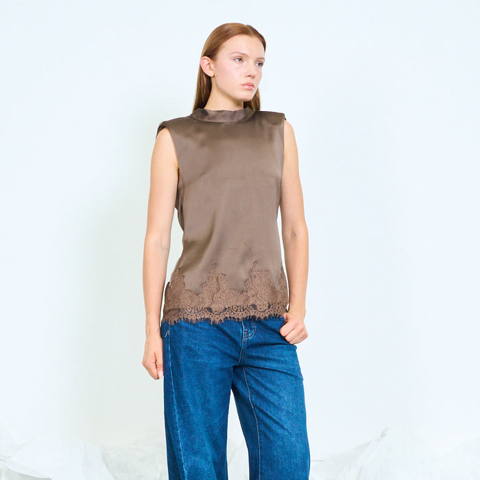 Padded shoulder satin top with lace hem wholesale