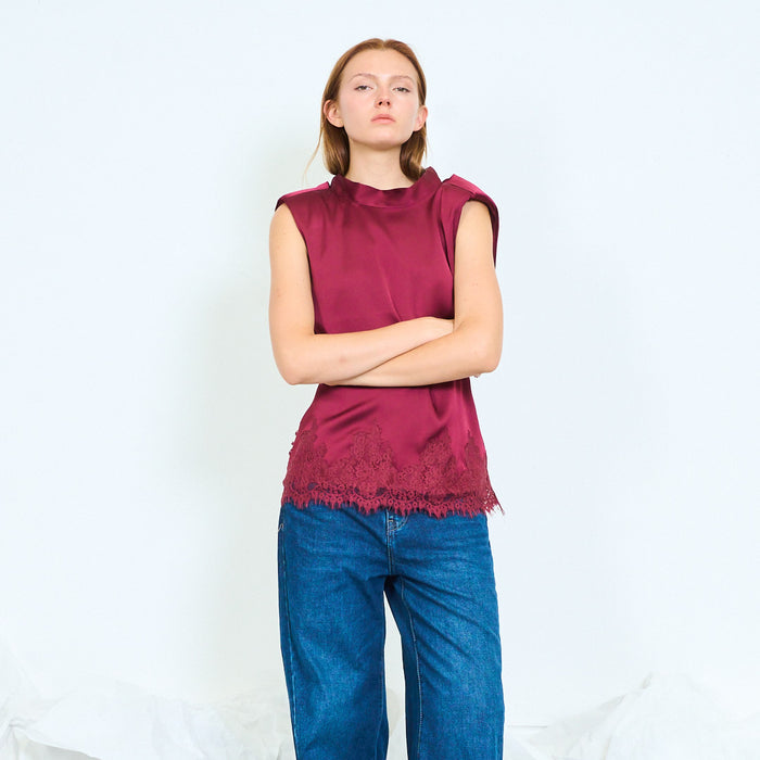 Padded shoulder satin top with lace hem wholesale