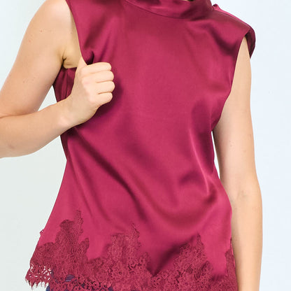 Padded shoulder satin top with lace hem wholesale