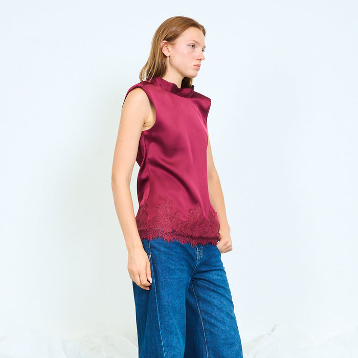 Padded shoulder satin top with lace hem wholesale