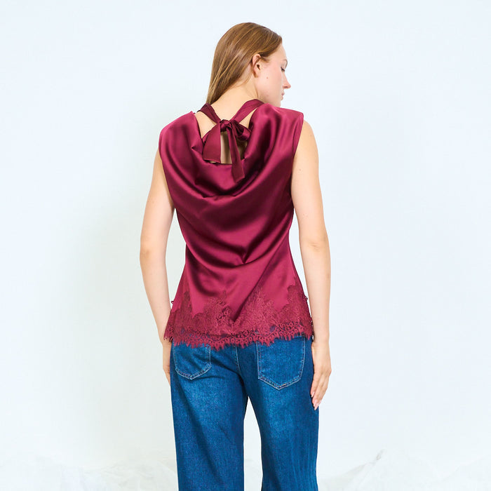 Padded shoulder satin top with lace hem wholesale
