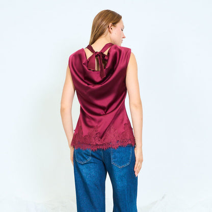 Padded shoulder satin top with lace hem wholesale