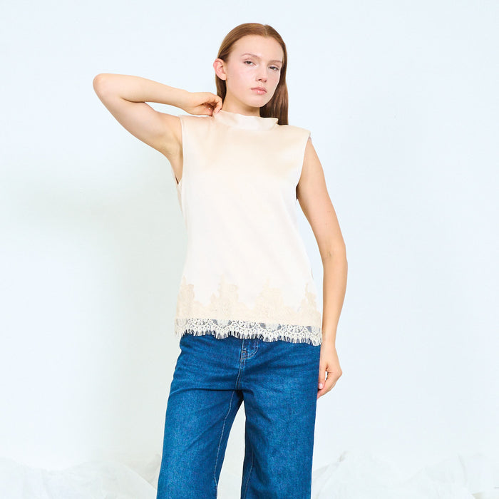 Padded shoulder satin top with lace hem wholesale