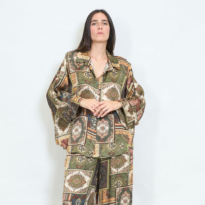 Patchwork paisley printed satin blouse wholesale