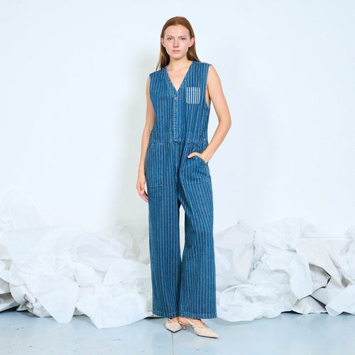 Pinstripe denim utility jumpsuit wholesale