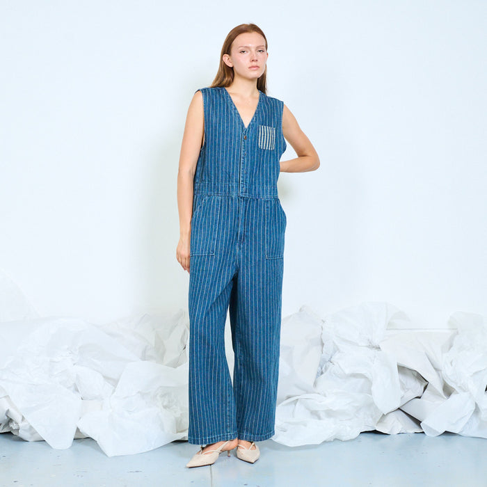 Pinstripe denim utility jumpsuit wholesale
