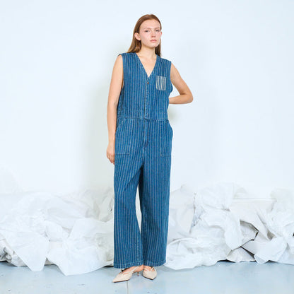 Pinstripe denim utility jumpsuit wholesale
