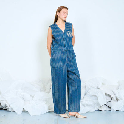 Pinstripe denim utility jumpsuit wholesale