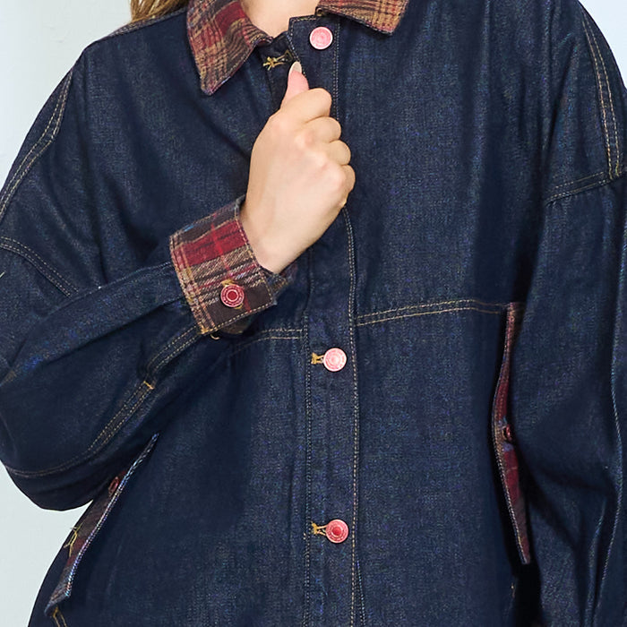 Plaid trim denim jacket wholesale