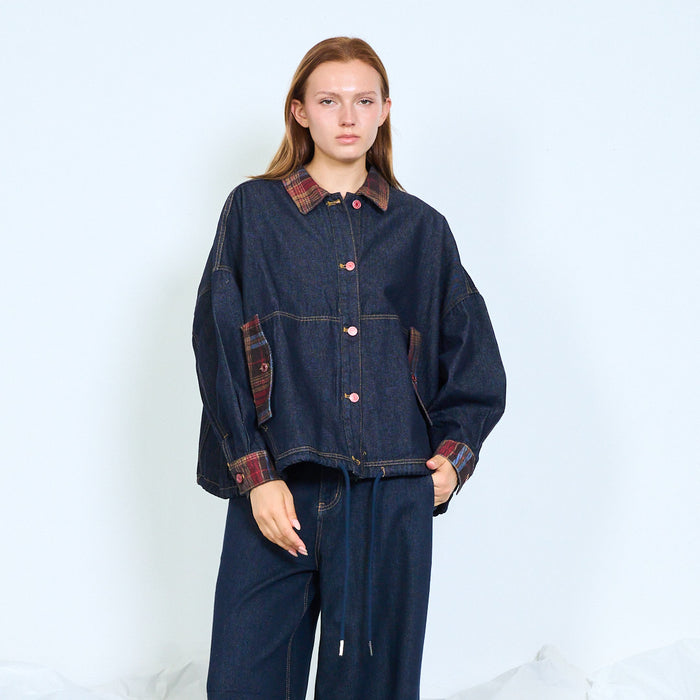 Plaid trim denim jacket wholesale