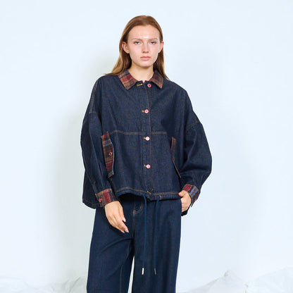 Plaid trim denim jacket wholesale