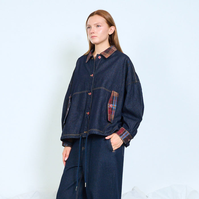 Plaid trim denim jacket wholesale