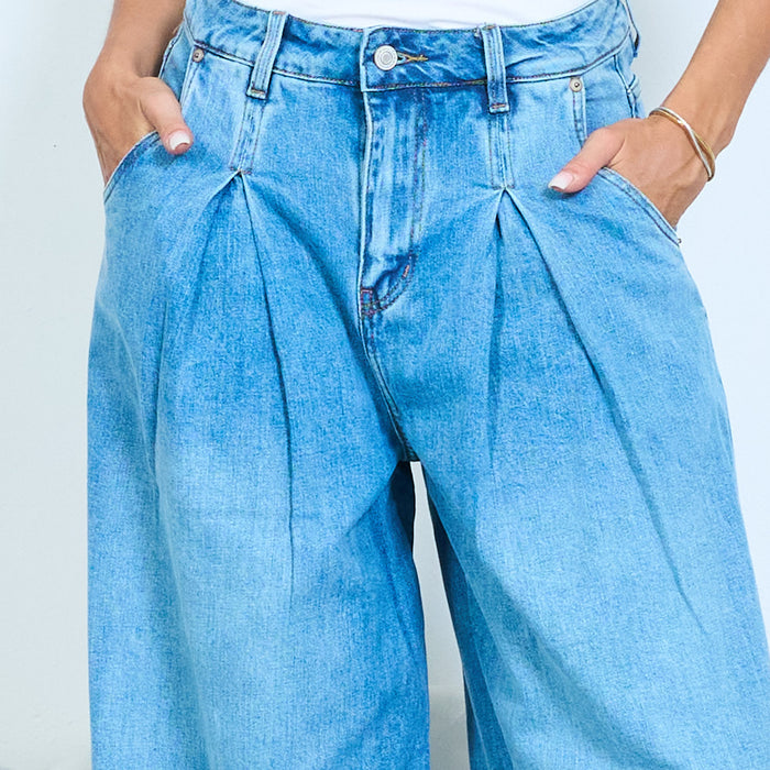 Pleated wide leg denim jeans wholesale