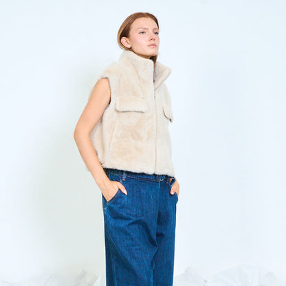 Plush faux fur zip-up jacket with patch pockets wholesale