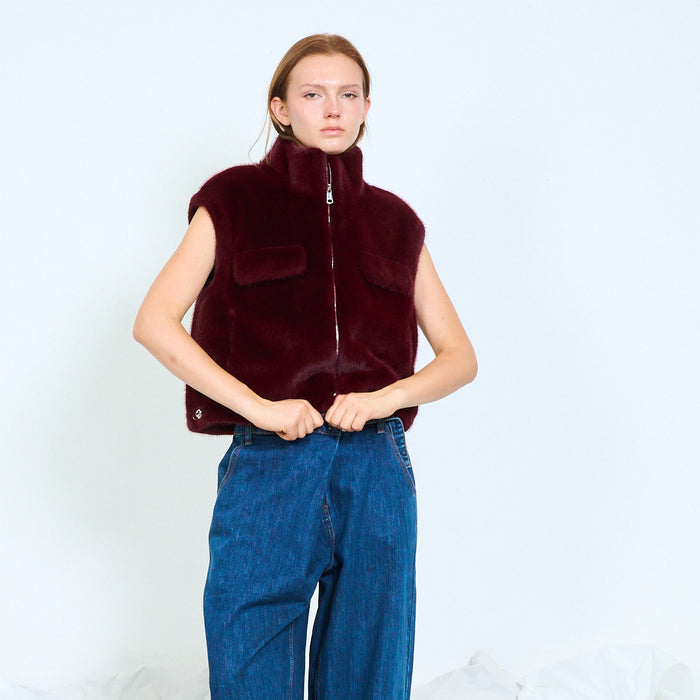 Plush faux fur zip-up jacket with patch pockets wholesale