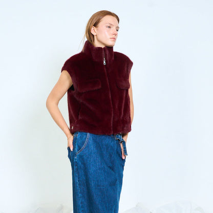 Plush faux fur zip-up jacket with patch pockets wholesale