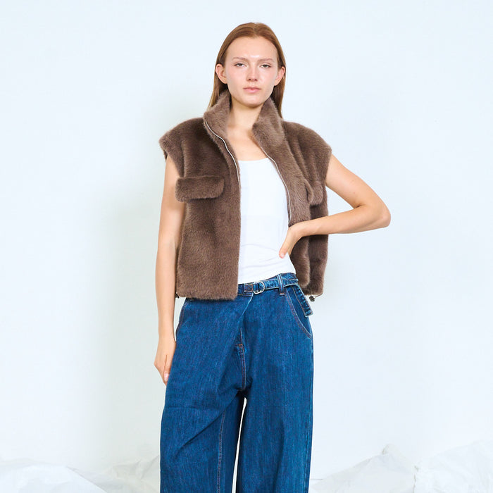 Plush faux fur zip-up jacket with patch pockets wholesale