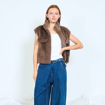 Plush faux fur zip-up jacket with patch pockets wholesale