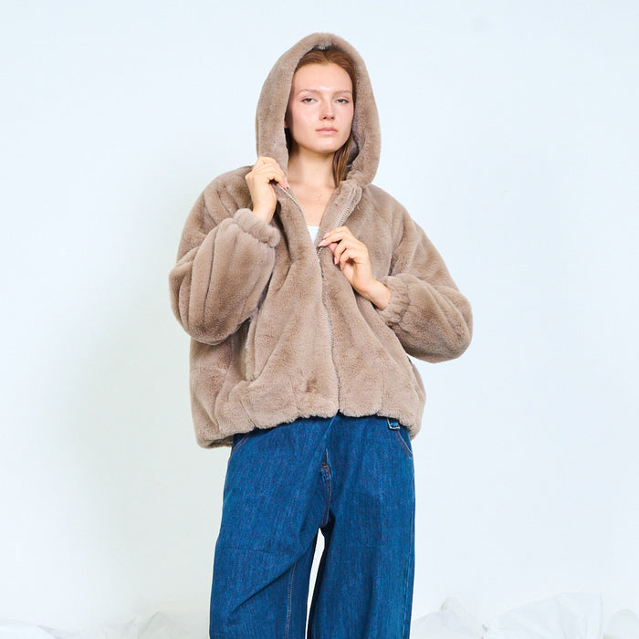 Plush hooded faux fur jacket with zip closure wholesale
