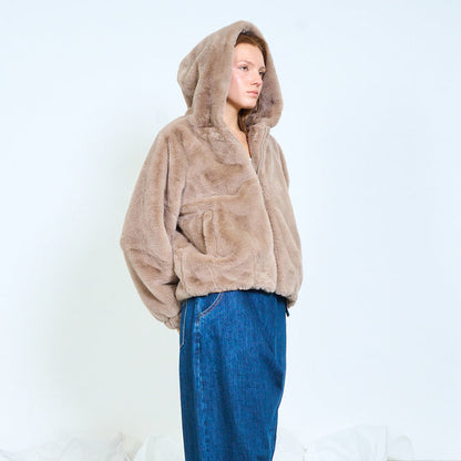 Plush hooded faux fur jacket with zip closure wholesale