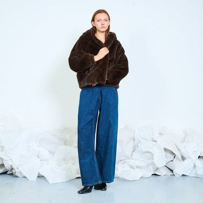 Plush hooded faux fur jacket with zip closure wholesale