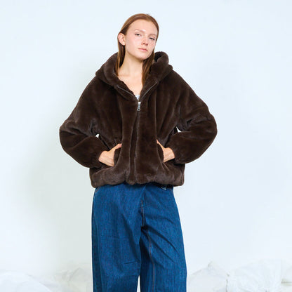 Plush hooded faux fur jacket with zip closure wholesale