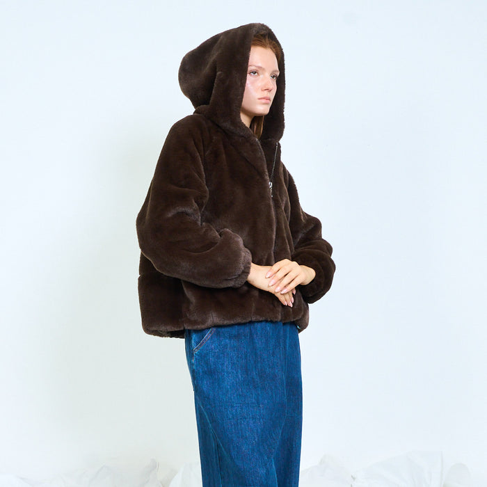 Plush hooded faux fur jacket with zip closure wholesale
