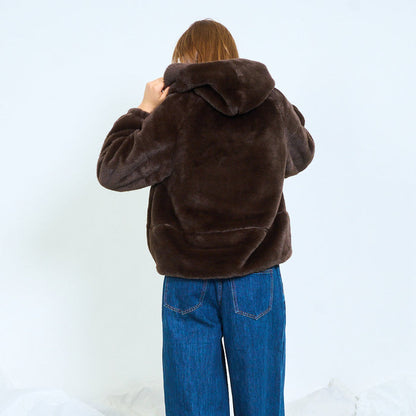 Plush hooded faux fur jacket with zip closure wholesale