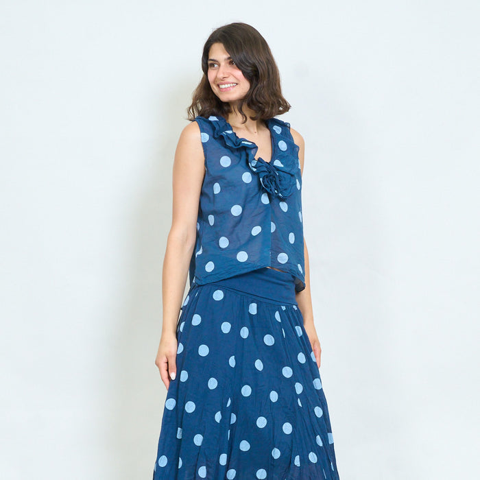 Polka dot ruffle tie-neck sleeveless blouse wholesale