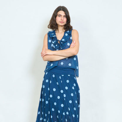 Polka dot ruffle tie-neck sleeveless blouse wholesale