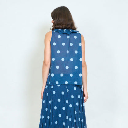 Polka dot ruffle tie-neck sleeveless blouse wholesale
