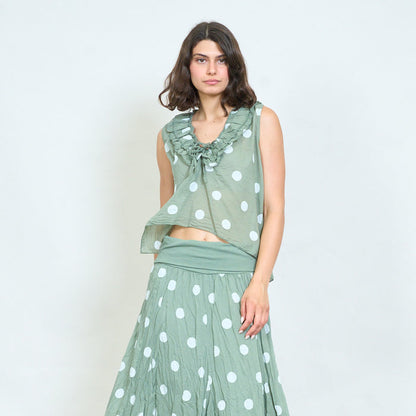 Polka dot ruffle tie-neck sleeveless blouse wholesale