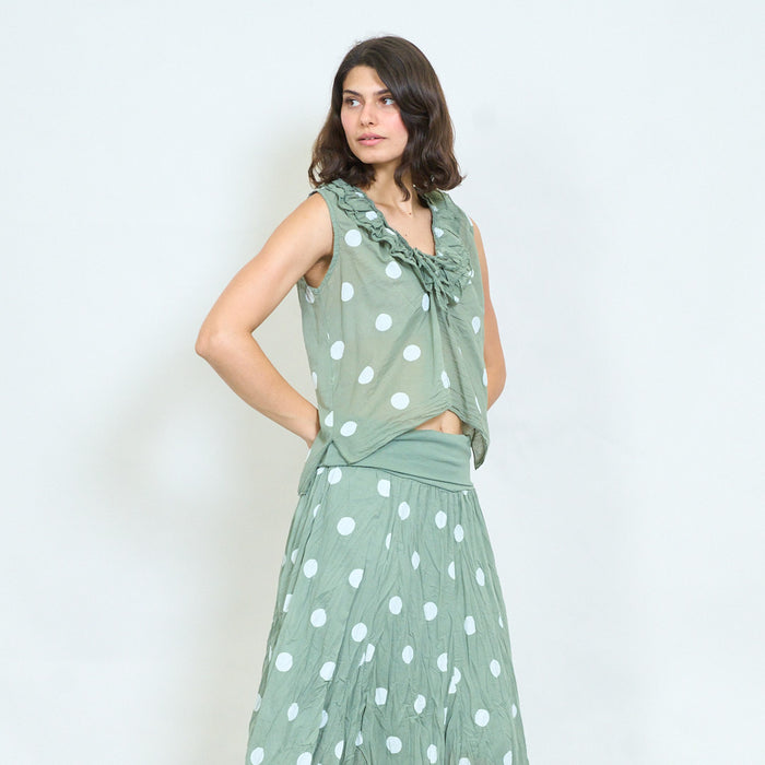 Polka dot ruffle tie-neck sleeveless blouse wholesale
