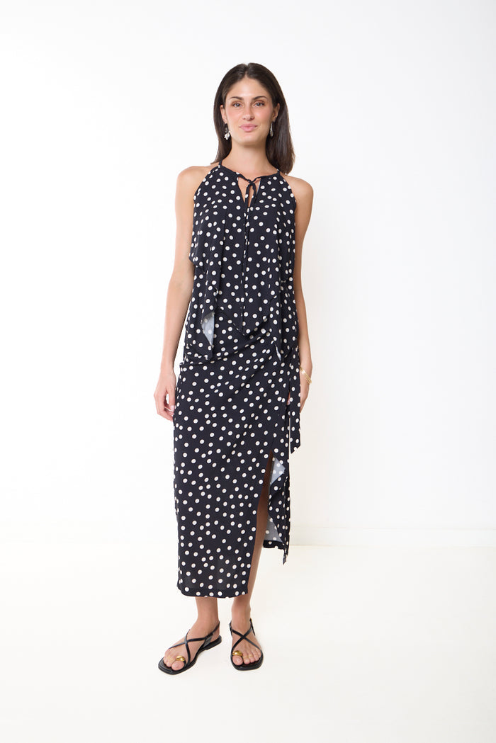 Polka dot side slit midi skirt wholesale
