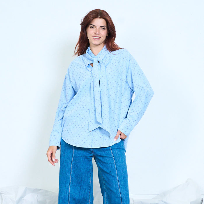Polka dot tie neck blouse wholesale