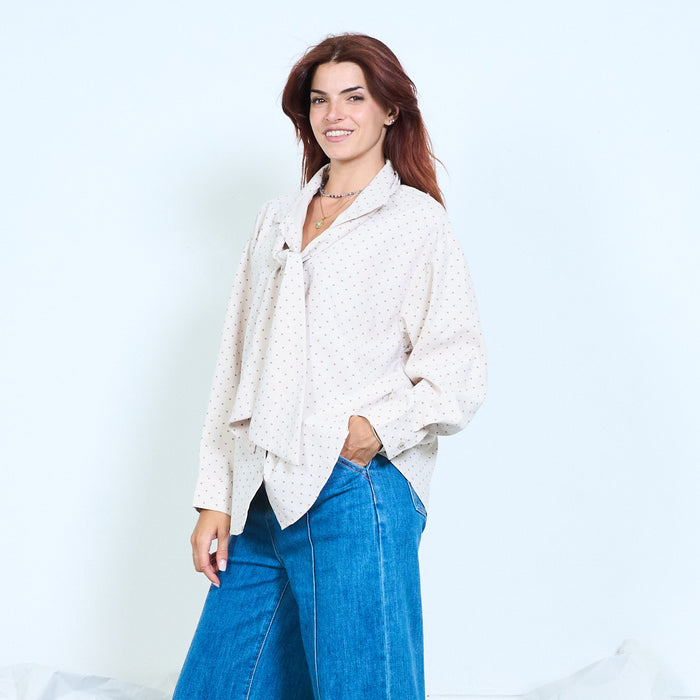 Polka dot tie neck blouse wholesale