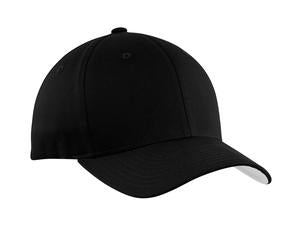 Port Authority Flexfit Cotton Twill Cap in black, featuring structured crown, pre-curved visor, and stretch-fit design.