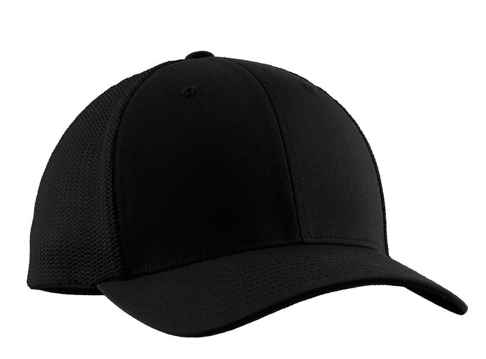 Port Authority Flexfit Mesh Back Cap in black, featuring structured crown, pre-curved visor, and breathable mesh back panels
