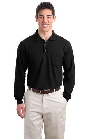 Flat-lay view of Port Authority Silk Touch Long Sleeve Polo with pocket in black, showcasing chest pocket, polo collar, and smooth, silky finish.