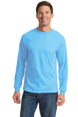 Male model in aquatic blue Port & Company Long Sleeve Essential Tee, highlighting the relaxed fit, crew neckline, and classic cotton comfort.