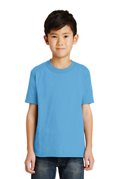 Youth model in aquatic blue Port & Company Core Blend Tee, featuring short sleeves, a classic crew neck, and soft, durable fabric.