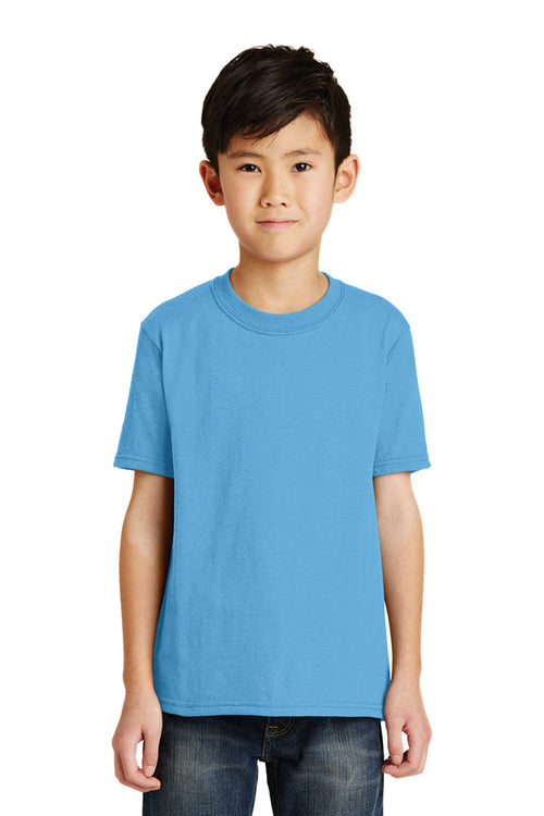 Youth model in aquatic blue Port & Company Core Blend Tee, featuring short sleeves, a classic crew neck, and soft, durable fabric.